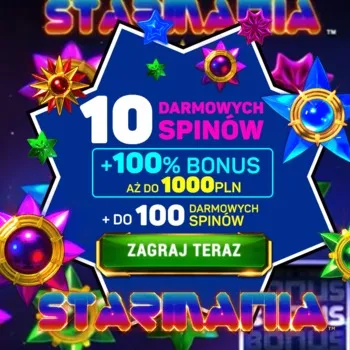 Mega atrakcyjny pakiet bonusów promocji na start. Bonus bez depozytu - 10 free spinów na slocie Starmania, a do tego bonus 100% do 1000zł i 100 darmowych spinów za depozyt
